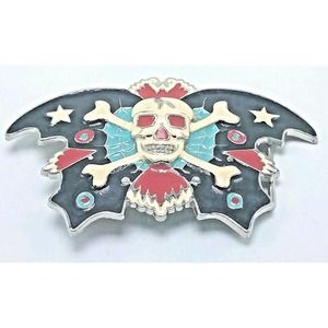 Large Size Chrome & Enamel SKULL & CROSSBONES Belt Buckle EUC 4 7/8" x 3"